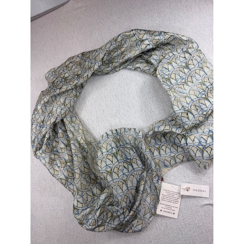 NEW Anokhi Hand Block Printed Scarf Blue Green Geometric Cotton Silk Wrap NWT